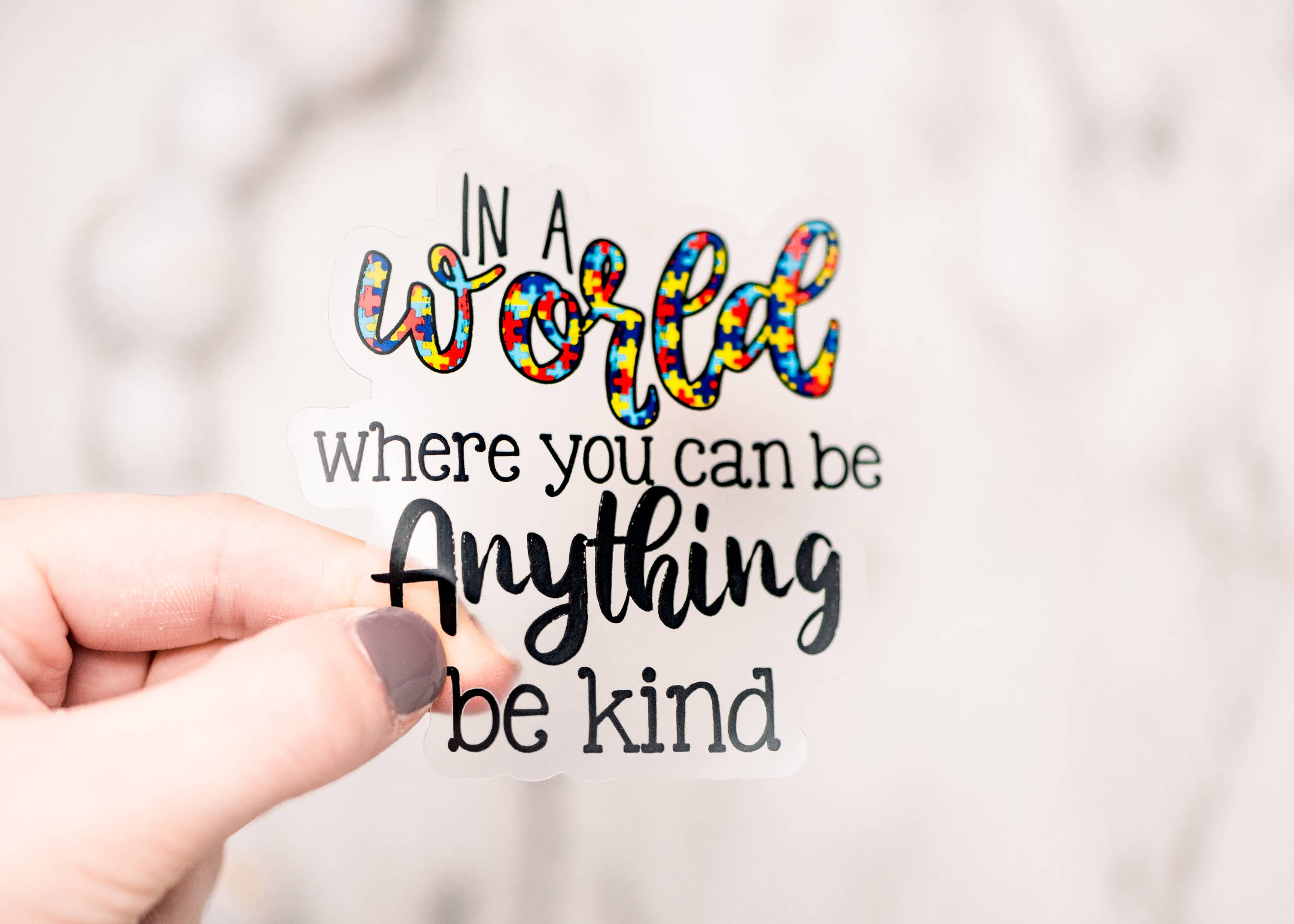 Savannah and James Co - Autism Awareness Be Kind Clear, Vinyl Sticker, 3x3 in.