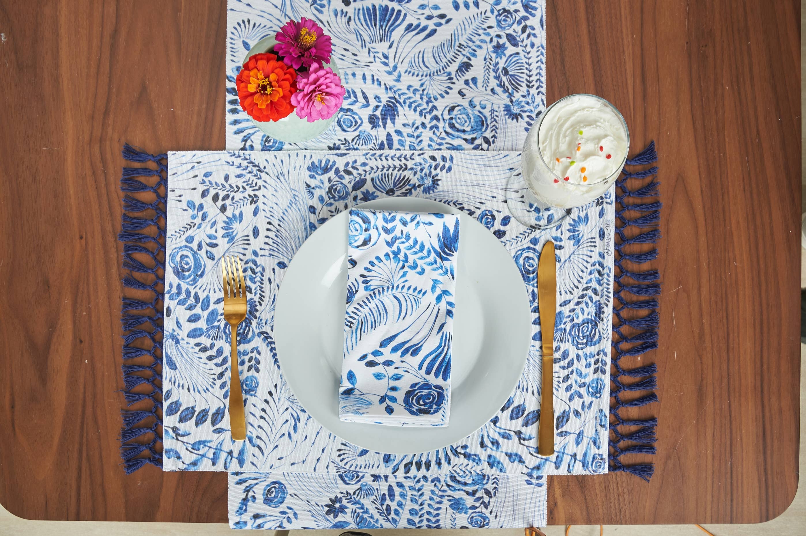 Navy Floral Cotton Machine Washable Placemats - Set of 4